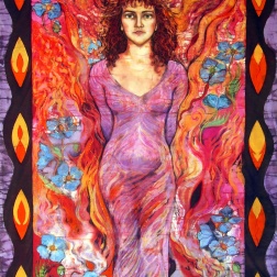 Portrait of Sasha as Fire Child , batik and stitch on cotton by Marina Elphick , Book jacket design for Firechild