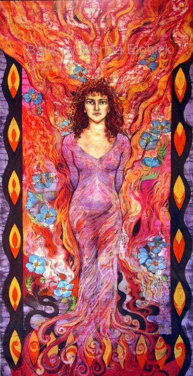 Portrait of Sasha as Fire Child , batik and stitch on cotton by Marina Elphick , Book jacket design for Firechild