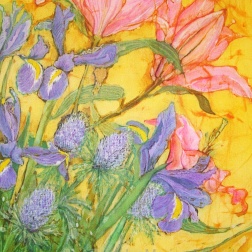 Detail of Lilies and Iris , batik on cotton by Marina Elphick