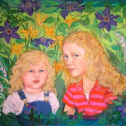 Portrait of Phoebe and Emma, batik on cotton by Marina Elphick
