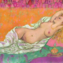 Reclining nude, batik on cotton by Marina Elphick