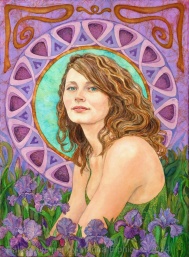 Jodie with Iris, inspired by Mucha. Batik on paper by Marina Elphick.