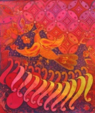 Firebird with Parang tongues of fire, batik on cotton by artist Marina Elphick.