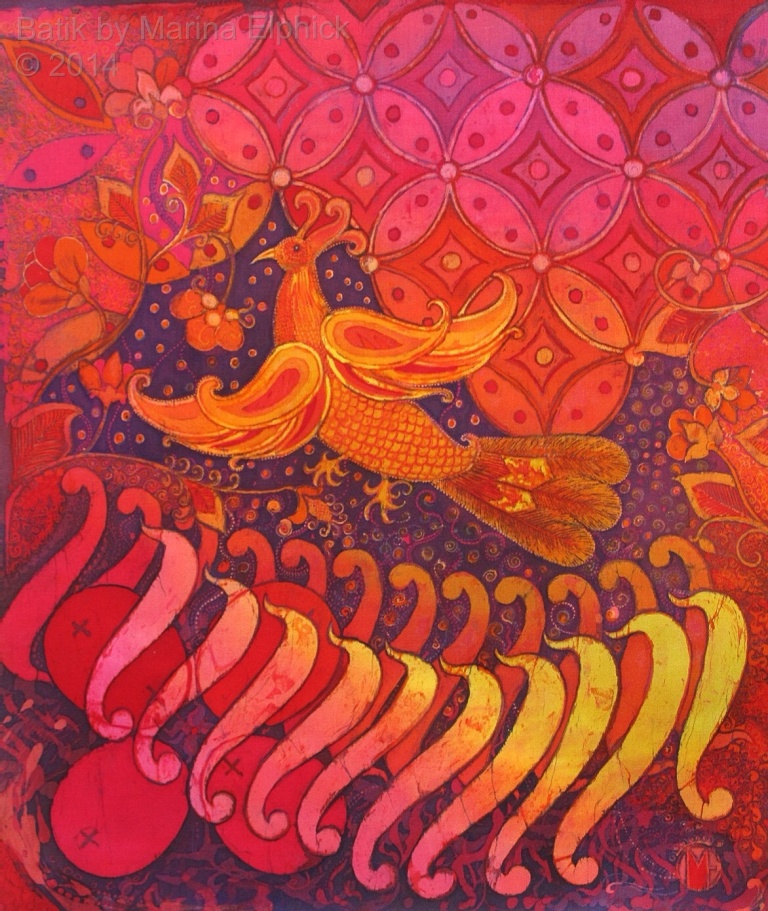 Firebird with Parang tongues of fire, batik on cotton by artist Marina Elphick. Batik art by  batik artist who interprets traditional batik motifs in a contemporary way.