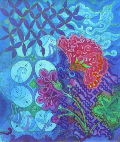 Butterfly on blue Parang by UK batik artist Marina Elphick.