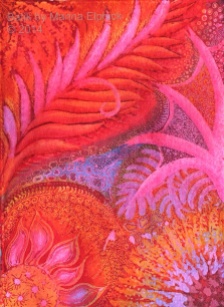 Fire flower, batik, batik art, by batik artist Marina Elphick. UK batik artist
