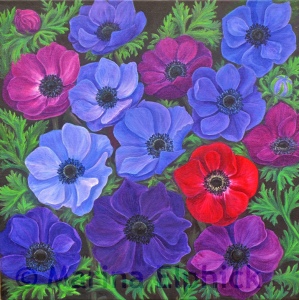 Anemones, oil on canvas by Marina Elphick, painter and batik artist working in the UK