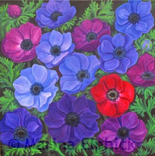 Anemones, oil on canvas by Marina Elphick, painter and batik artist working in the UK