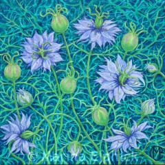 Nigella flowers, oil on canvas by Marina Elphick, painter and batik artist working in the UK