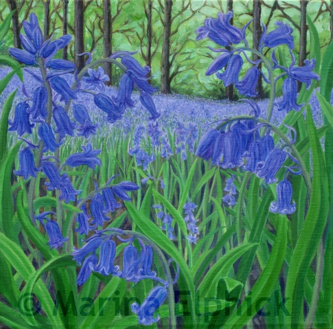 Bluebells, oil on canvas by Marina Elphick, painter and batik artist working in the UK